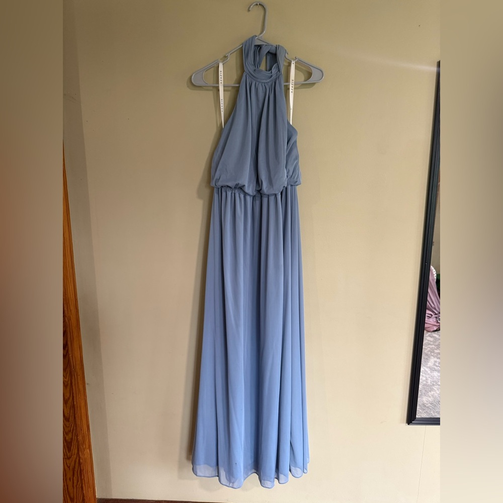 Azazie Blue Halter Maxi Bridesmaid Gown for Weddings size 12